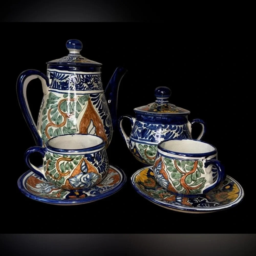 Vintage 70s Mexican Talavera by Vazquez Teapot Teacup and Saucer and Sugar Set